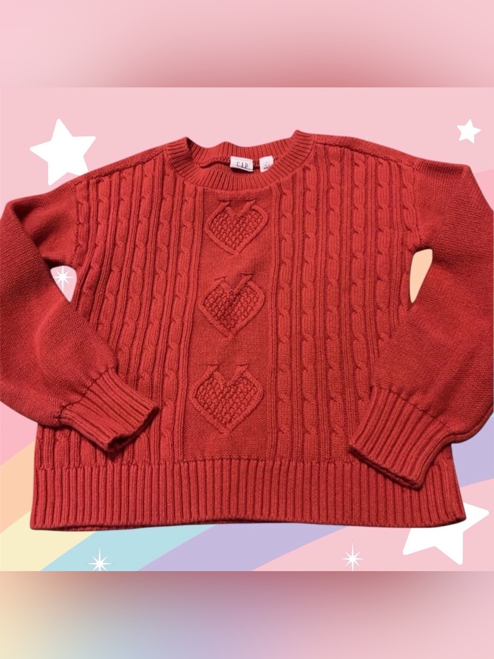 GAP KIDS Girls Sweater Small US 6-7 Cable Knit Crewneck Hearts Red 100% Cotton